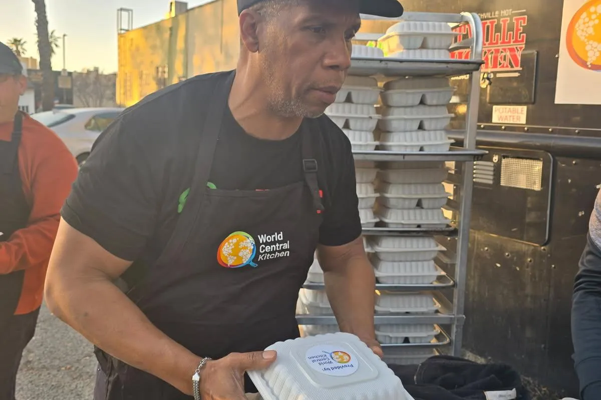 An image of Greg Dulan serving take out orders during the LA wildfires